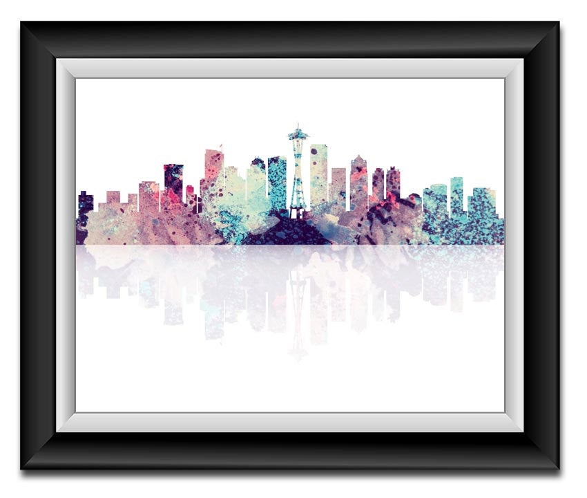 Seattle Skyline Washington City Pink Purple Blue Watercolor Cityscape Poster Print Modern Abstract L