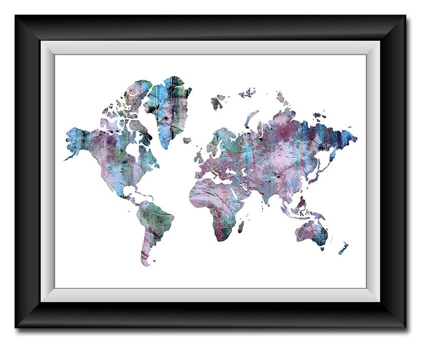 World Map Print Pink Blue Purple Green Black Watercolor Poster Print Globe Modern Abstract Landscape