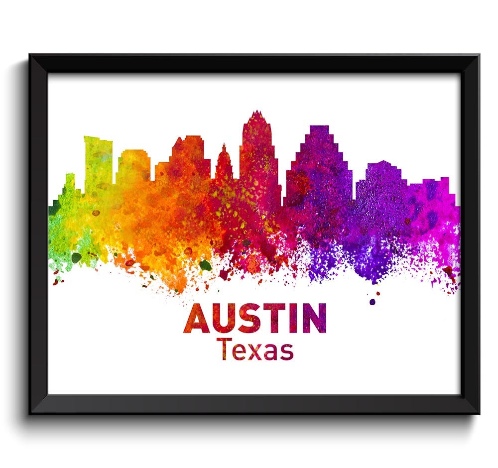 Austin Skyline Texas City Colorful Watercolor Cityscape Poster Print Landscape Art Painting Red Purp