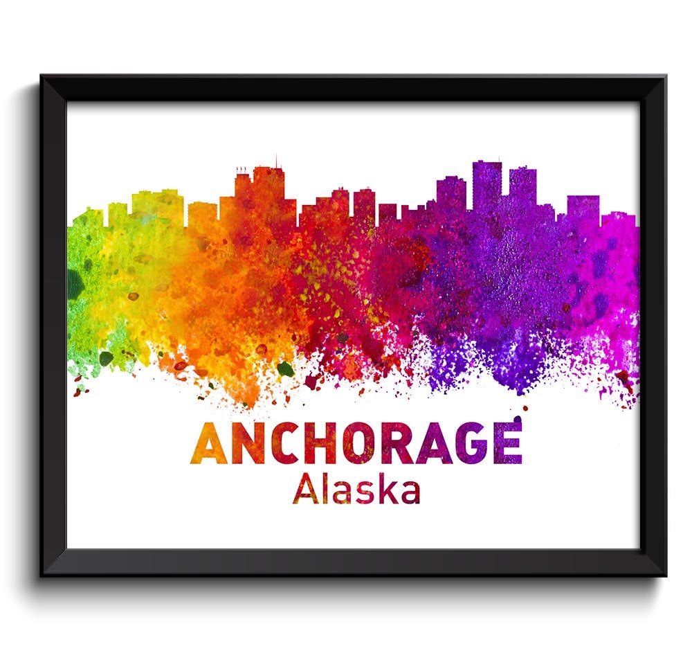 Anchorage Skyline Alaska Colorful Watercolor Cityscape Poster Print Landscape Art Painting Red Purpl