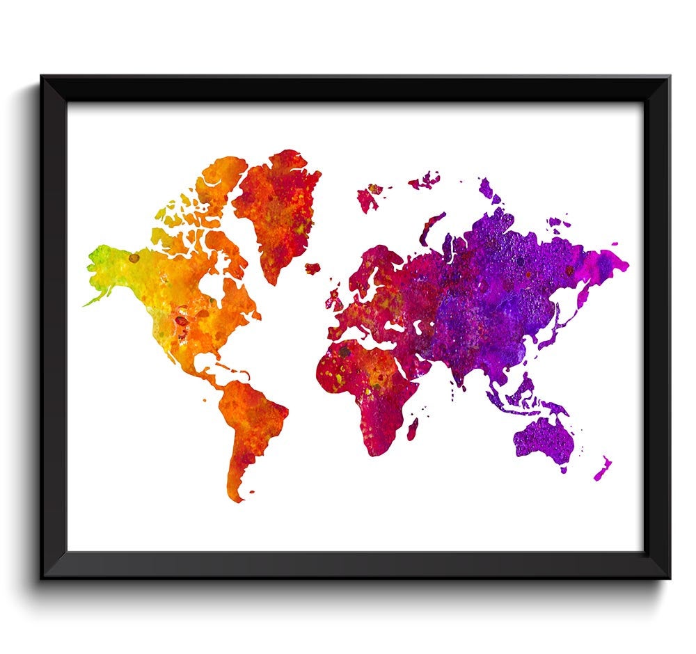 World Map Print Colorful Pink Red Purple Yellow Watercolor Poster Print Globe Modern Abstract Landsc