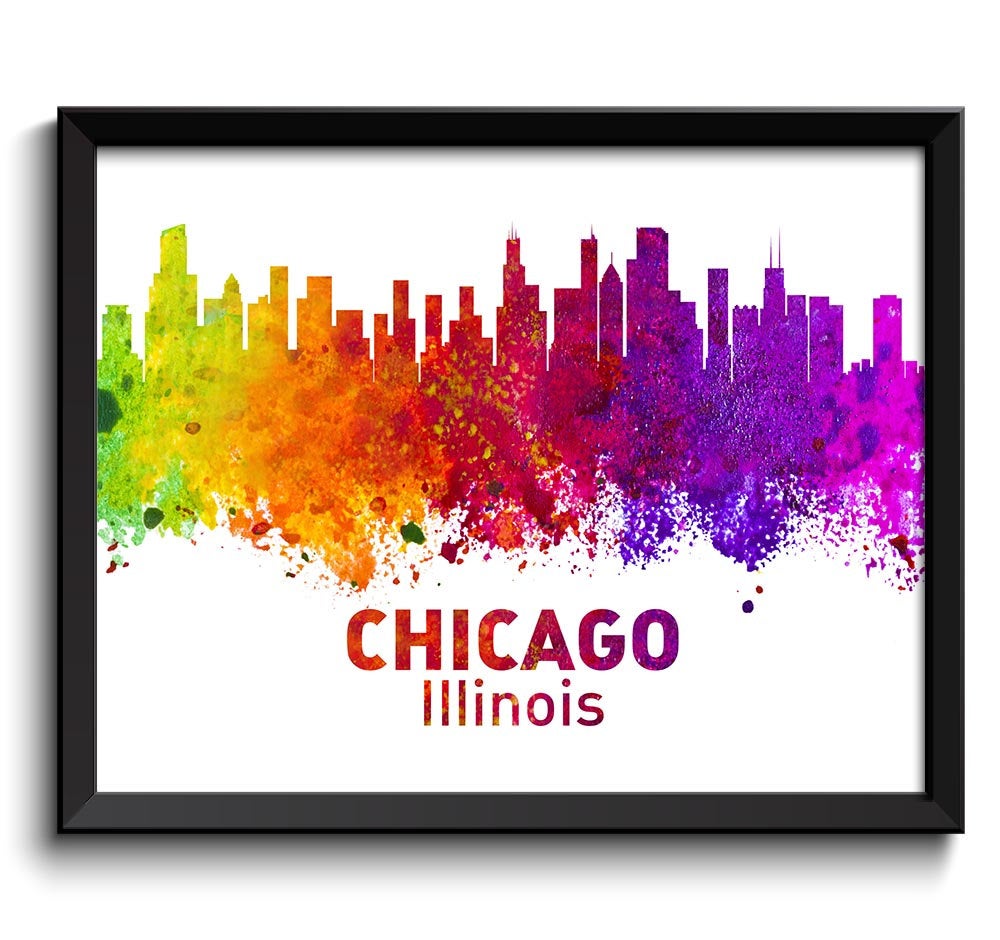 Chicago Skyline Illinois Colorful Watercolor Cityscape Poster Print Landscape Art Painting Red Purpl