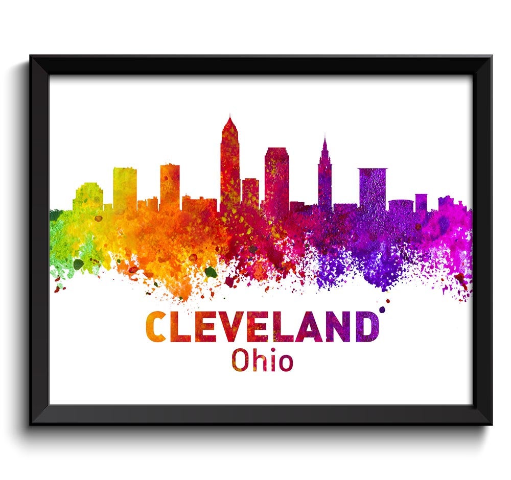 Cleveland Skyline Ohio City Colorful Watercolor Cityscape Poster Print Landscape Art Painting Red Pu