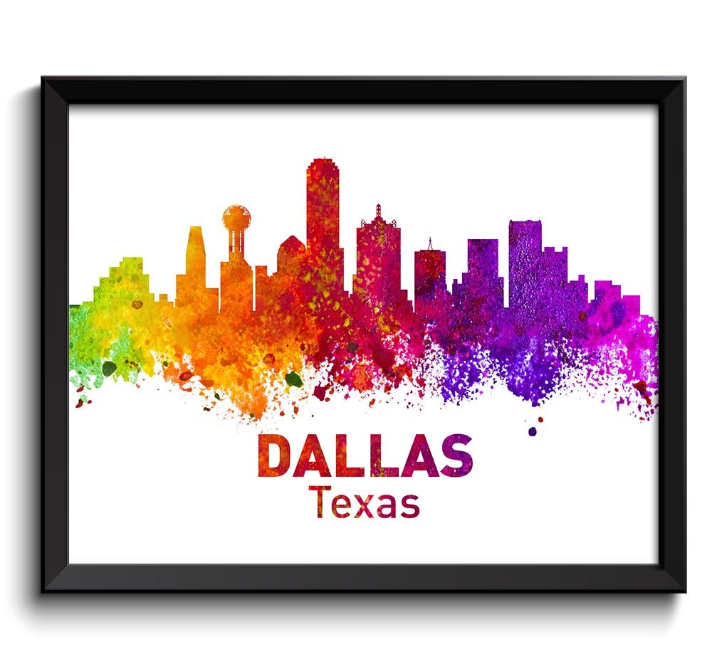 Dallas Skyline Texas City Colorful Watercolor Cityscape Poster Print Landscape Art Painting Red Purp