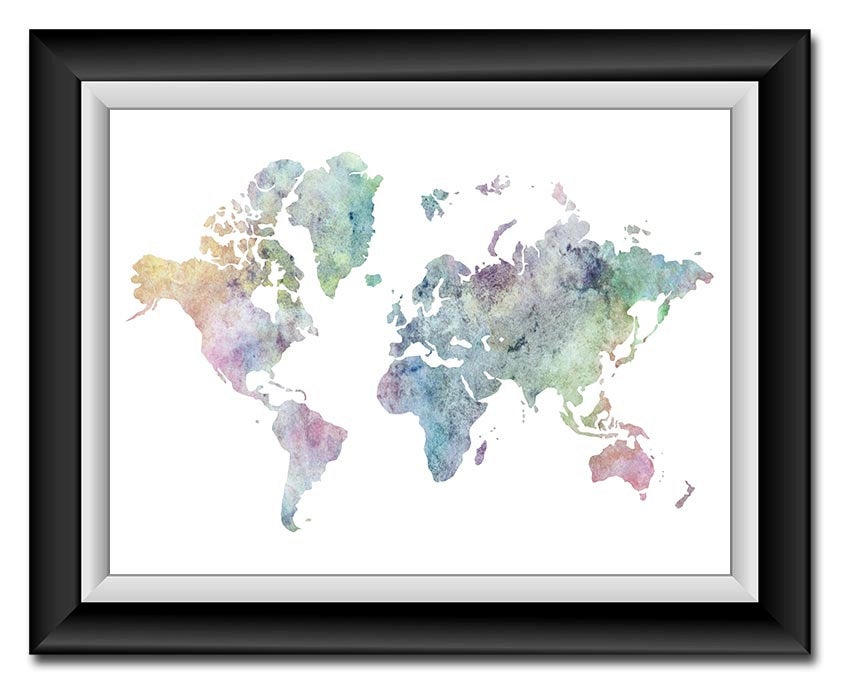 World Map Print Pink Blue Purple Green Watercolor World Map Poster Print Globe Modern Abstract Lands