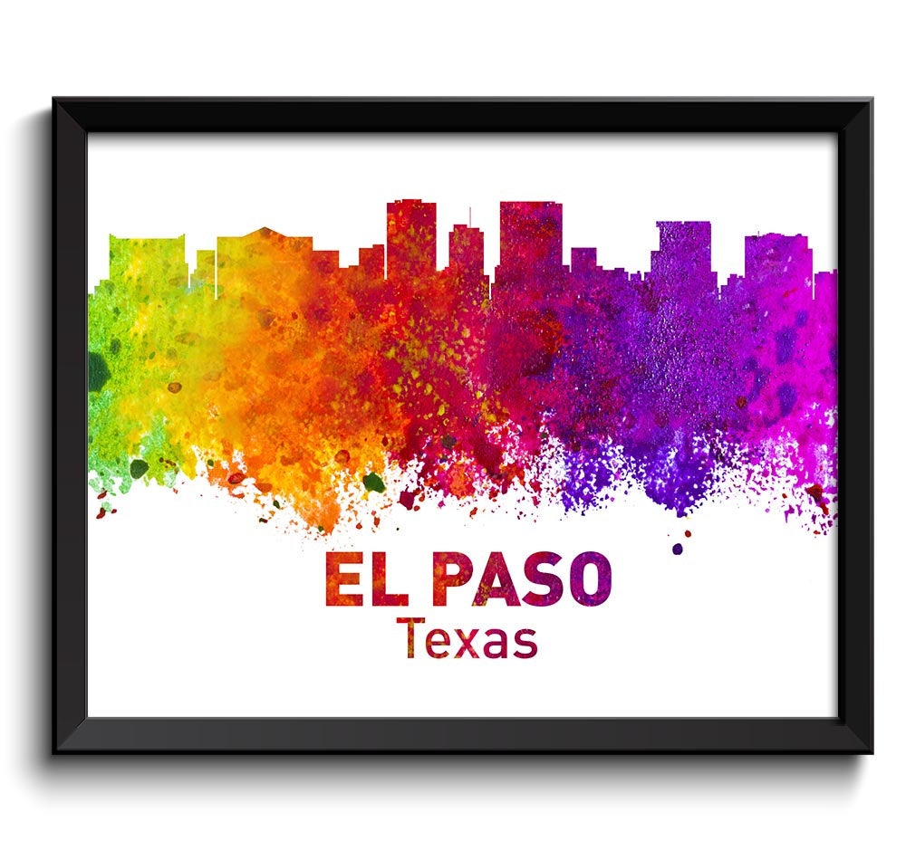 El Paso Skyline Texas City Colorful Watercolor Cityscape Poster Print Landscape Art Painting Red Pur