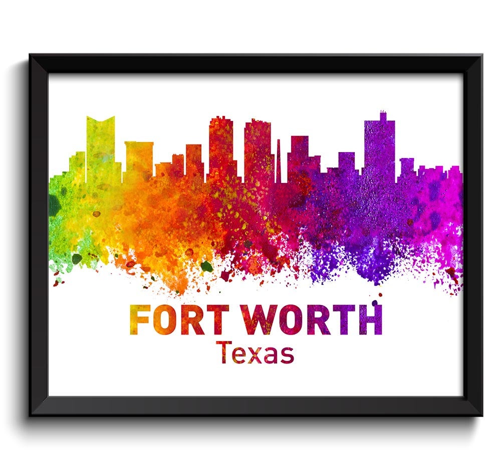 Fort Worth Skyline Texas Colorful Watercolor Cityscape Poster Print Landscape Art Painting Red Purpl