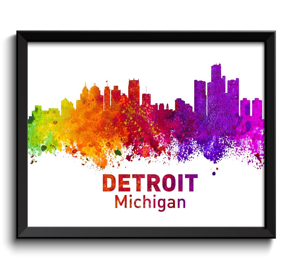 Detroit Skyline Michigan Colorful Watercolor Cityscape Poster Print Landscape Art Painting Red Purpl