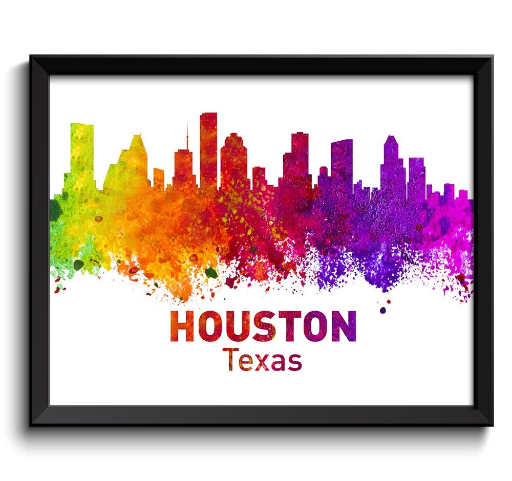 Houston Skyline Texas City Colorful Watercolor Cityscape Poster Print Landscape Art Painting Red Pur