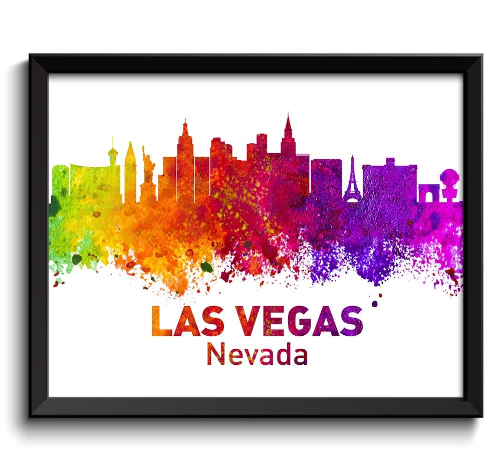 Las Vegas Skyline Nevada Colorful Watercolor Cityscape Poster Print Landscape Art Painting Red Purpl