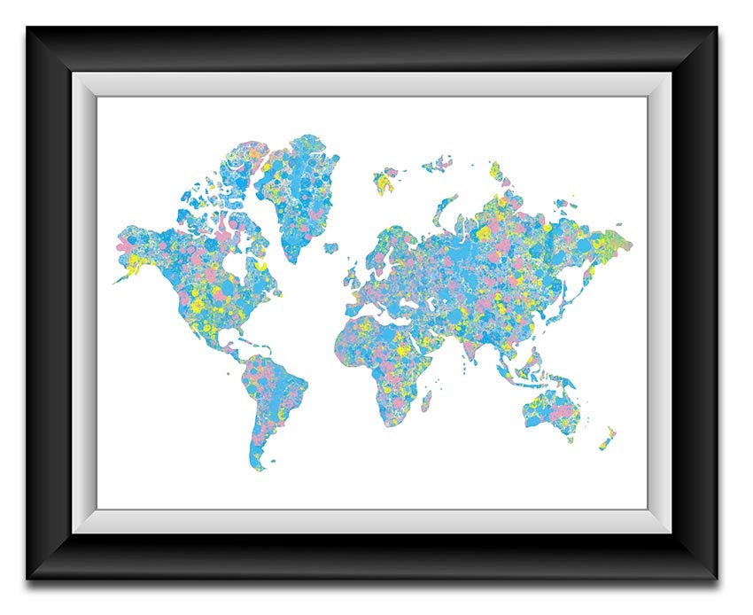 World Map Print Pink Blue Yellow Watercolor World Map Poster Print Globe Modern Abstract Landscape A