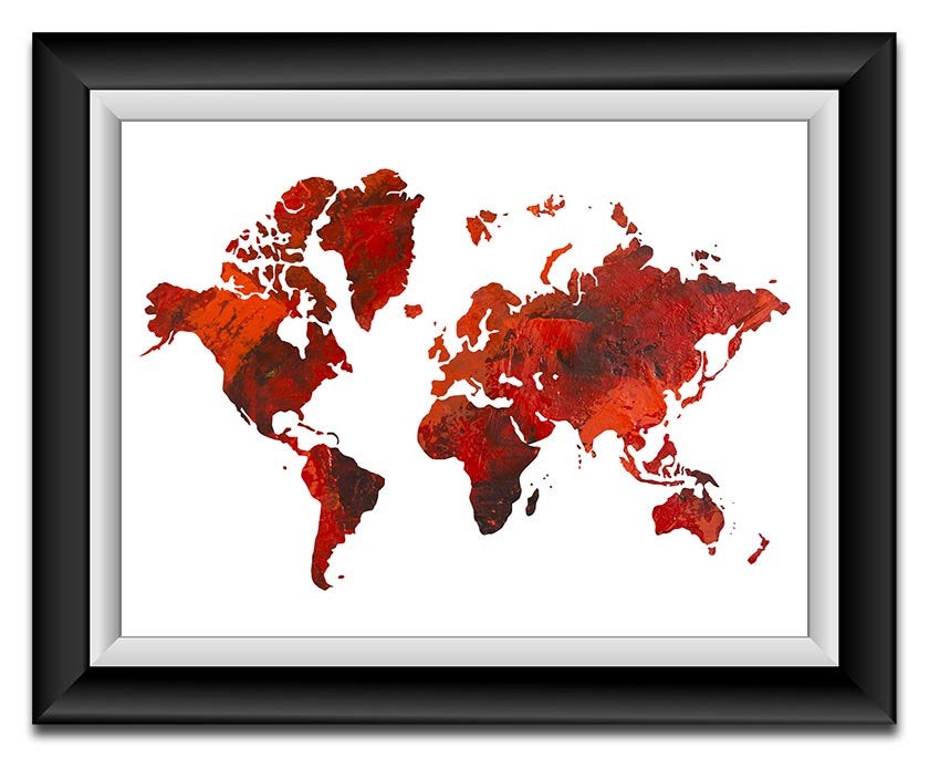 World Map Print Red Black Watercolor Poster Print Globe Modern Abstract Landscape Art Painting