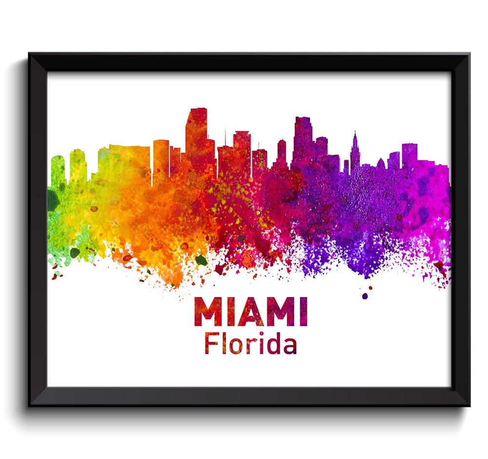 Miami Skyline Florida City Colorful Watercolor Cityscape Poster Print Landscape Art Painting Red Pur