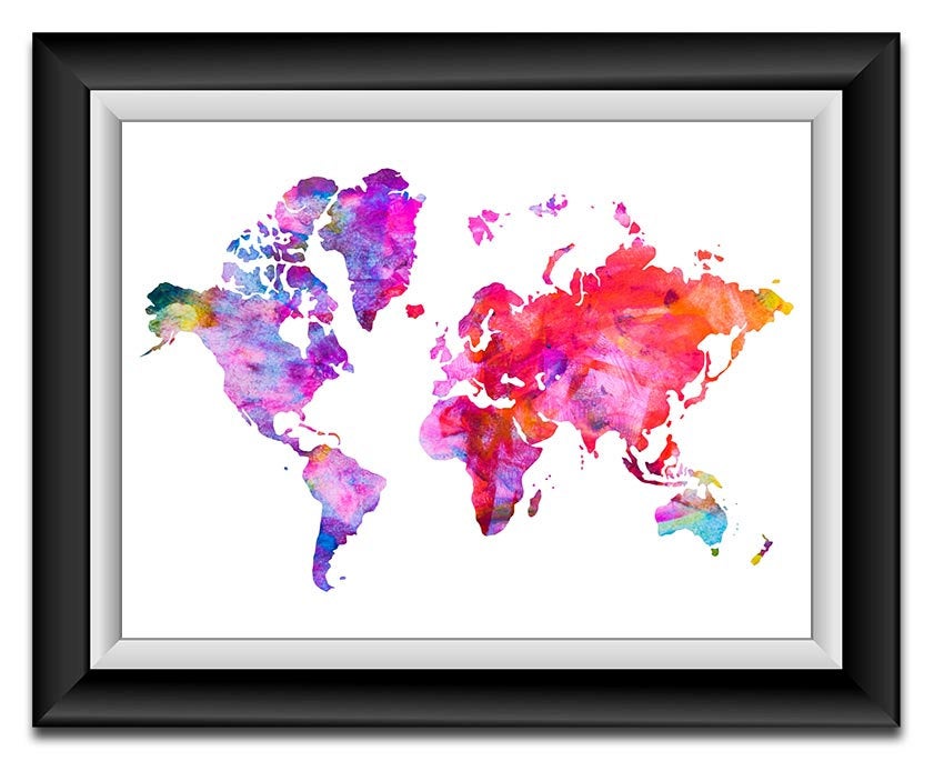 World Map Print Red Pink Purple Blue Watercolor World Map Poster Print Globe Modern Abstract Landsca