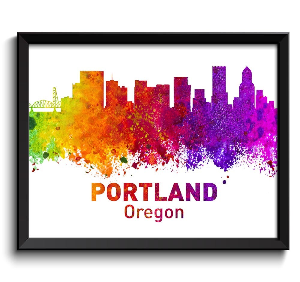 Portland Skyline Oregon City Colorful Watercolor Cityscape Poster Print Landscape Art Painting Red P