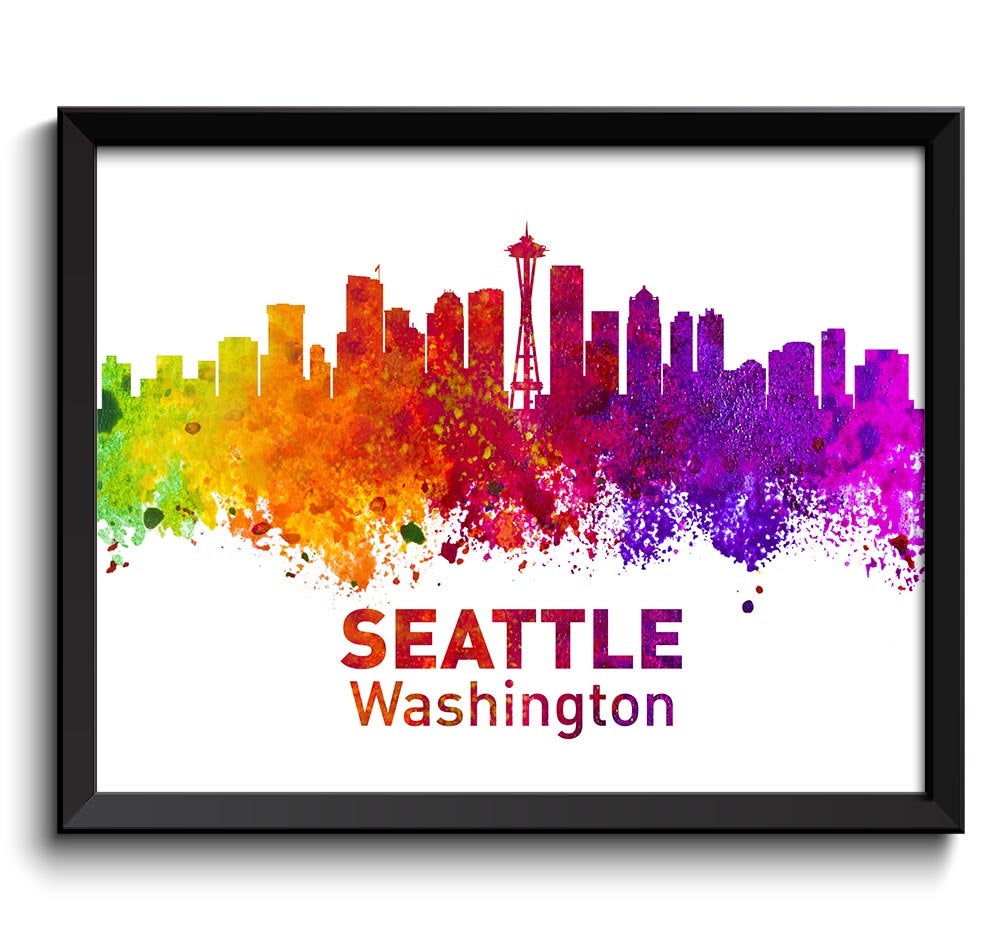 Seattle Skyline Washington City Colorful Watercolor Cityscape Poster Print Landscape Art Painting Re