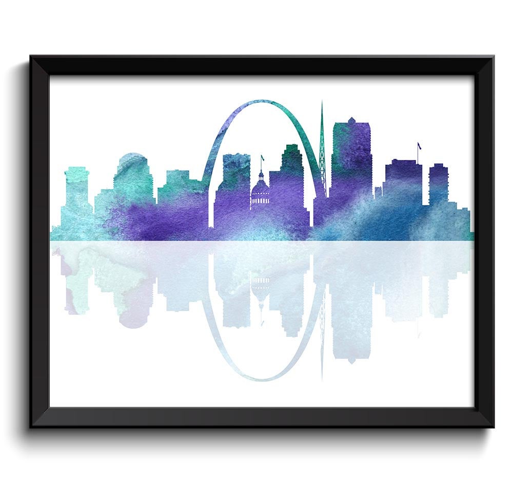 Saint Louis Skyline Missouri City Teal Blue Purple Watercolor Cityscape Poster Print Modern Abstract