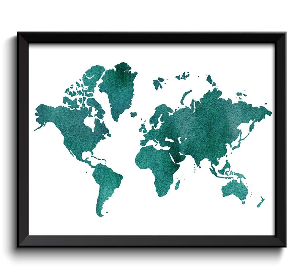 World Map Print Green Teal Watercolor Poster Print Globe Modern Abstract Landscape Art Painting