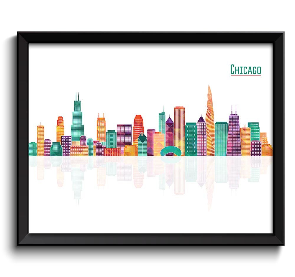 Chicago Skyline Green Blue Teal Pink Purple Peach Illinois City Colorful Cityscape Poster Print Land