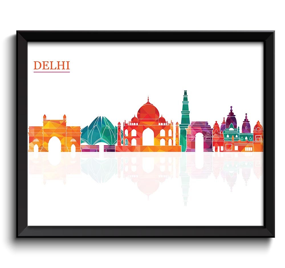 Delhi Skyline Green Blue Teal Purple Peach City Colorful Cityscape Poster Print India Abstract Lands