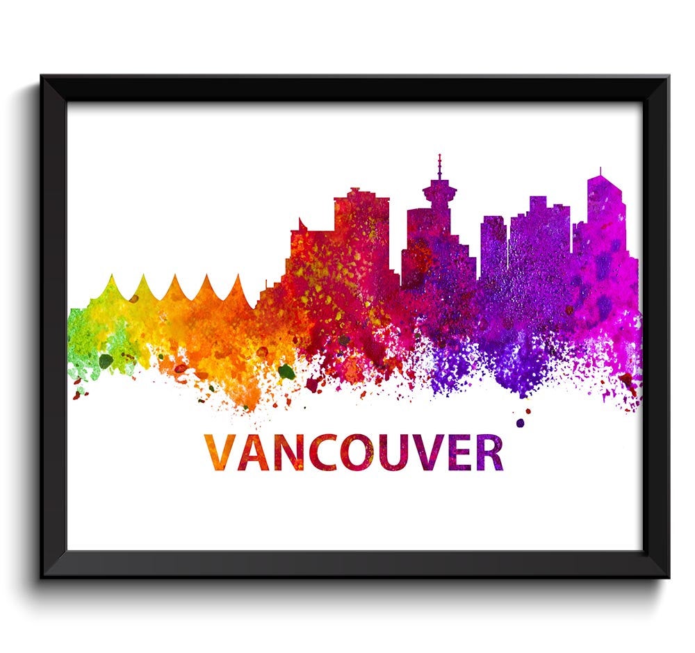 Vancouver Skyline Colorful Watercolor Cityscape Poster Print Canada Landscape Art Painting Red Purpl