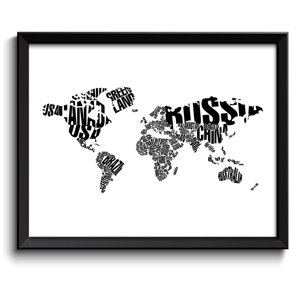 World Map Text Word Cloud Typography Map Poster Print Globe Modern Abstract Landscape Wall Art Paint