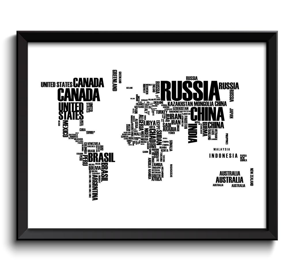 World Text Word Cloud Typography Map Poster Print Globe Modern Abstract Landscape Wall Art Painting 