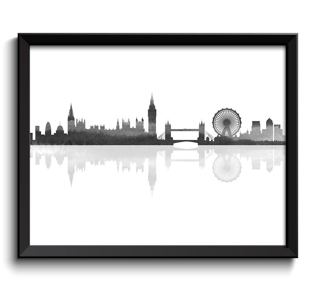 London Skyline England City Black White Grey Watercolor Cityscape Poster Print Modern Abstract Lands