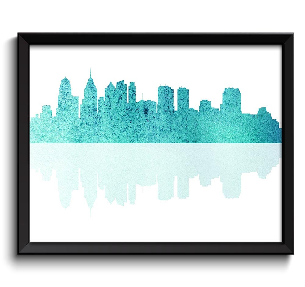 Philadelphia Skyline Pennsylvania Teal Turquoise Blue Watercolor Cityscape Poster Print Abstract Lan