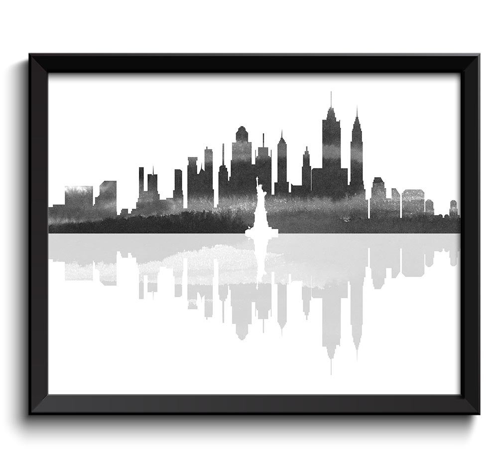 New York City Skyline Black White Grey Watercolor Cityscape Poster Print Modern Abstract Landscape A