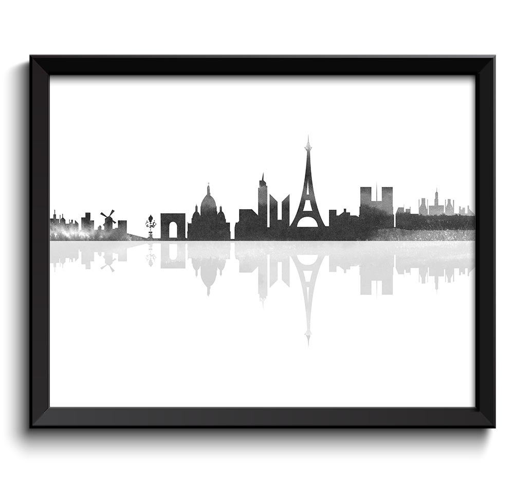 Paris Skyline France City Black White Grey Watercolor Cityscape Poster Print Modern Abstract Landsca