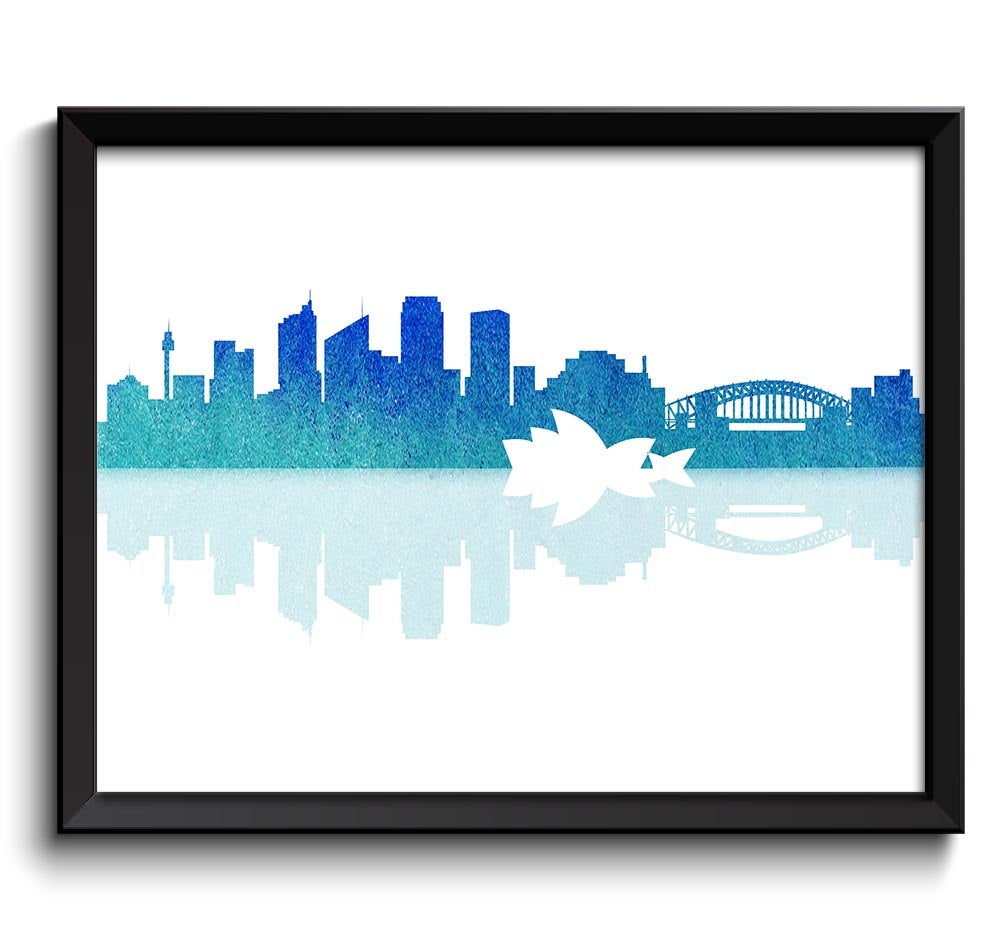 Sydney Skyline Australia City Teal Royal Blue Turquoise Watercolor Cityscape Poster Print Abstract L