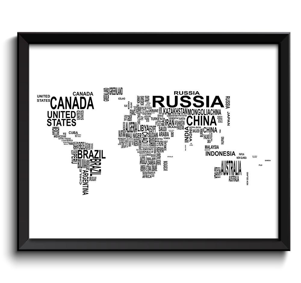 World Text Word Cloud Typography Map Poster Print Globe Modern Abstract Landscape Wall Art Painting 