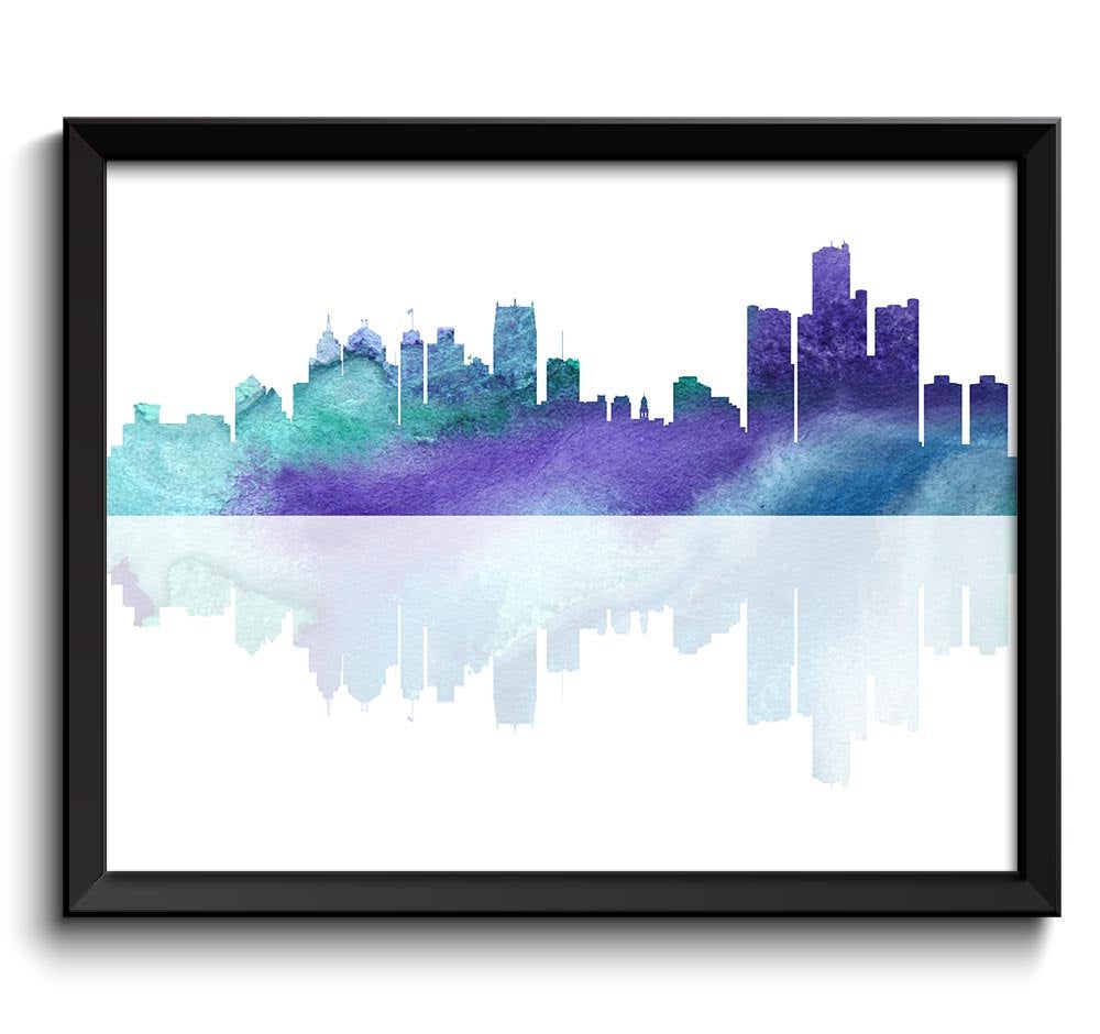 Detroit Skyline Michigan City Lavender Purple Blue Watercolor Cityscape Poster Print Modern Abstract