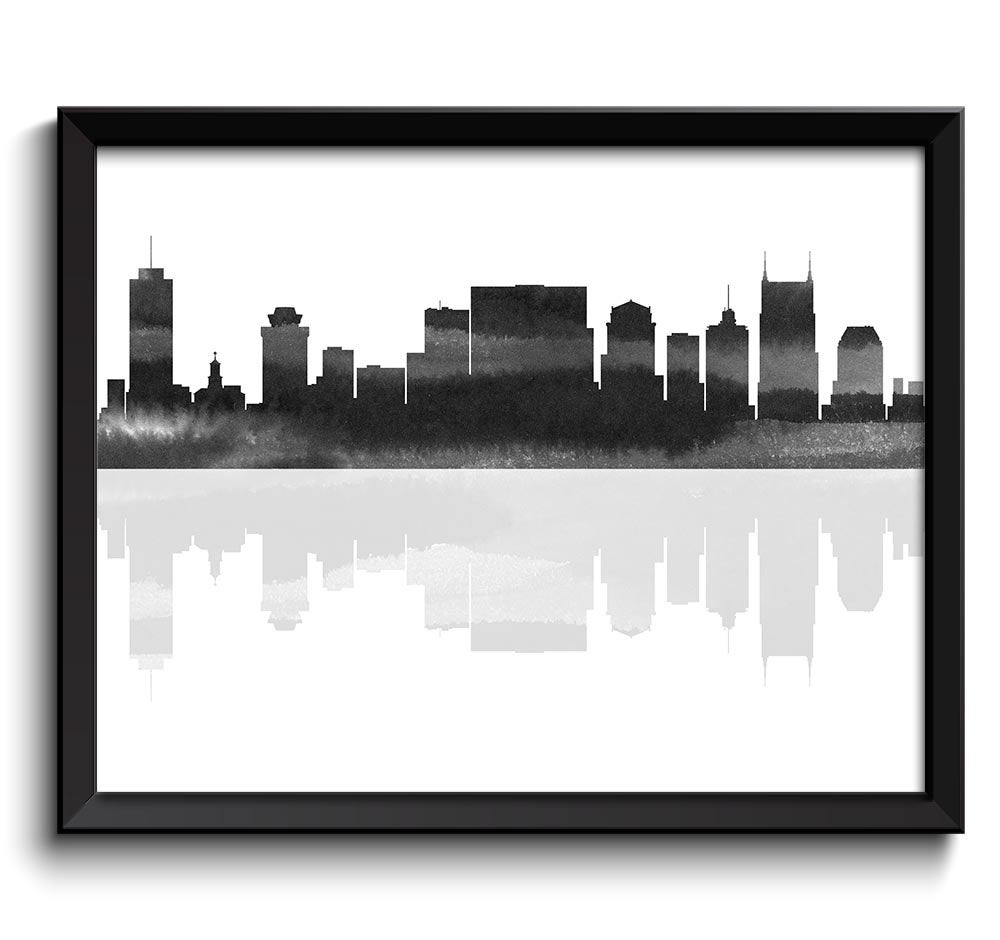 Nashville Skyline Tennessee City Black White Grey Watercolor Cityscape Poster Print Modern Abstract 