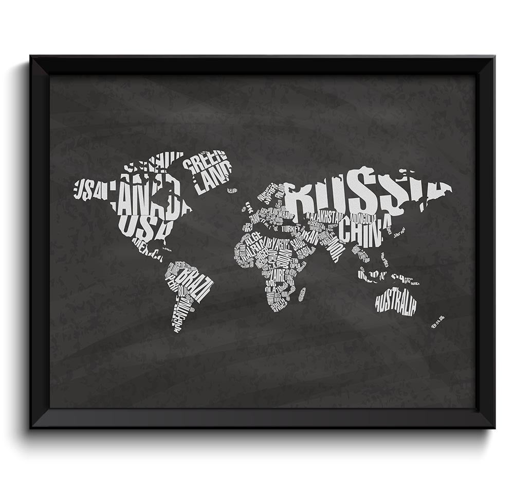 World Text Word Cloud Typography Map Poster Print Chalk Chalkboard Style Globe Landscape Wall Art Pa