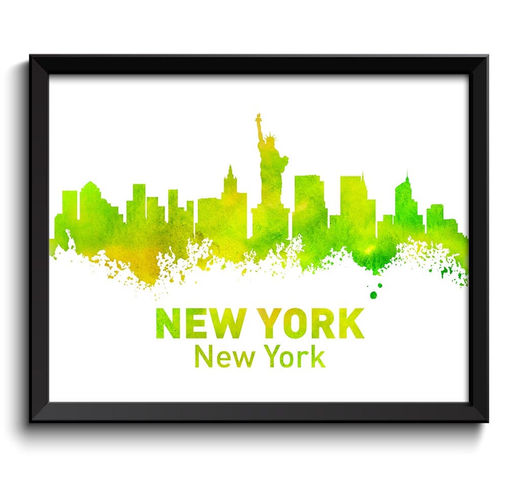 New York City Skyline Lime Green Yellow Watercolor Cityscape Poster Print Modern Abstract Landscape 