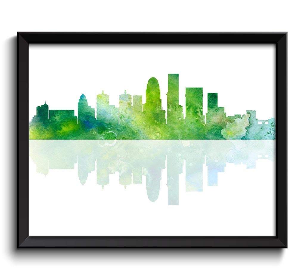 Louisville Skyline Kentucky City Blue Lime Green Watercolor Cityscape Poster Print Modern Abstract L