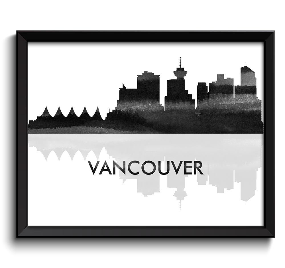 Vancouver Skyline City Black White Grey Gray Watercolor Painting Cityscape Print British Columbia Ca