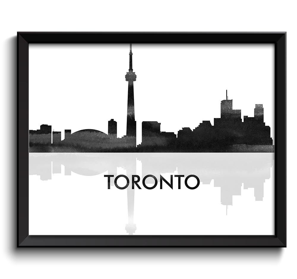 Toronto Skyline City Black White Grey Gray Watercolor Painting Cityscape Poster Print Ontario Canada