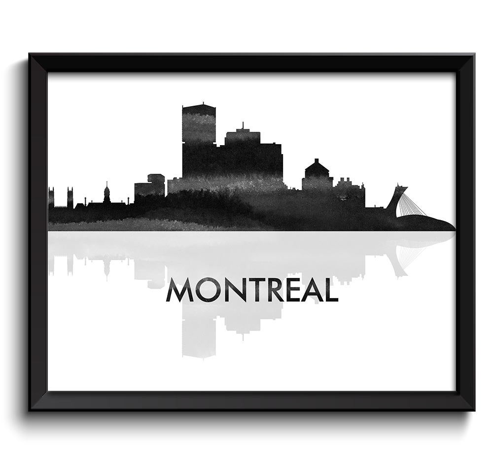 Montreal Skyline City Black White Grey Gray Watercolor Painting Cityscape Poster Print Quebec Canada