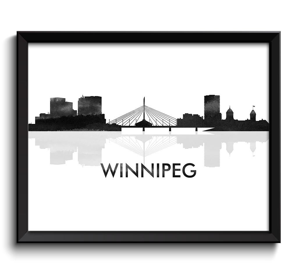 Winnipeg Skyline City Black White Grey Gray Watercolor Painting Cityscape Poster Print Manitoba Cana