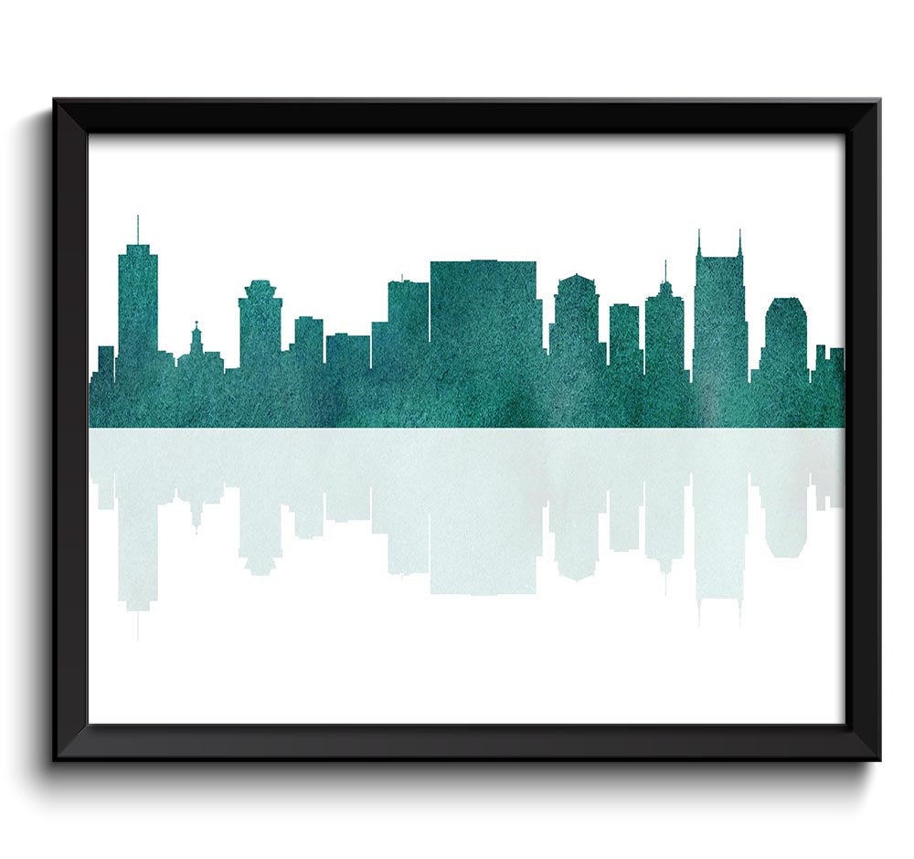 Nashville Skyline Tennessee City Green Teal Watercolor Cityscape Poster Print Modern Abstract Landsc