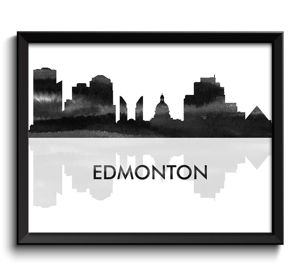 Edmonton Skyline City Black White Grey Watercolor Painting Cityscape Poster Print Alberta Canada Abs