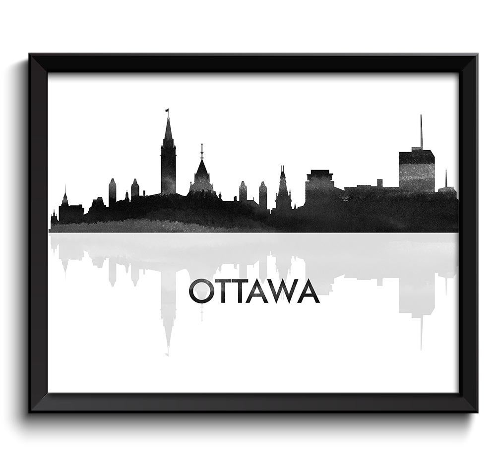 Ottawa Skyline City Black White Grey Gray Watercolor Painting Cityscape Poster Print Ontario Canada 