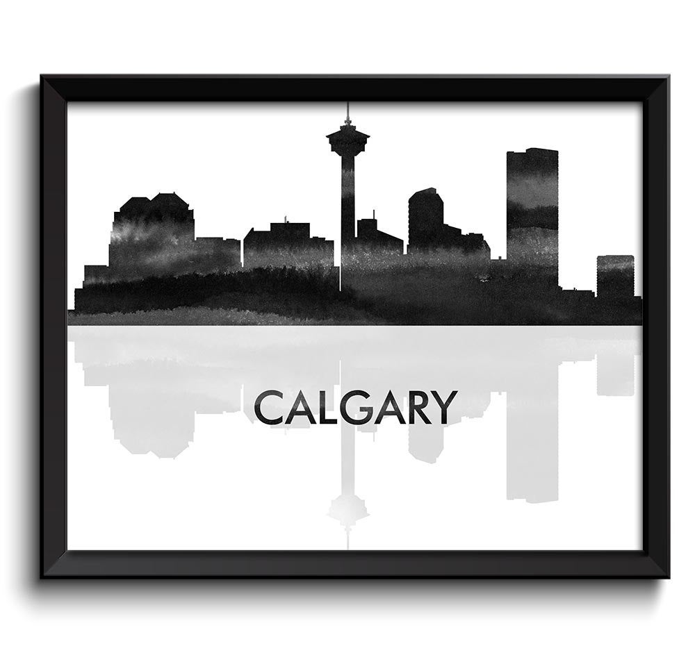 Calgary Skyline City Black White Grey Gray Watercolor Painting Cityscape Poster Print Alberta Canada