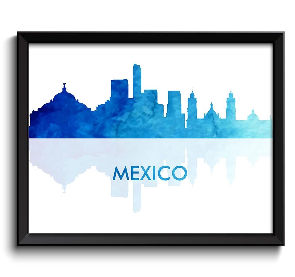 Mexico City Skyline Navy Sky Blue Watercolor Painting Cityscape Poster Print Mexico South America Mo