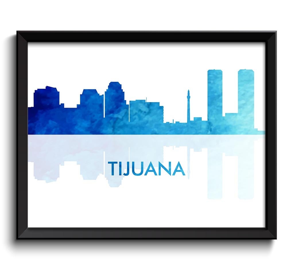 Tijuana Skyline City Navy Sky Blue Watercolor Painting Cityscape Poster Print Mexico South America M