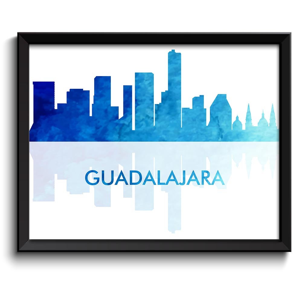 Guadalajara Skyline City Navy Sky Blue Watercolor Painting Cityscape Poster Print Mexico South Ameri