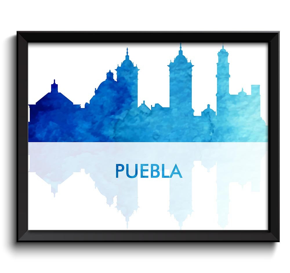 Puebla Skyline City Navy Sky Blue Watercolor Painting Cityscape Poster Print Mexico South America Mo